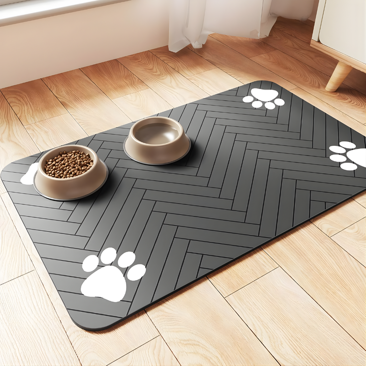 Absorbent pet feeding mat preventing bowl spills on clean floors