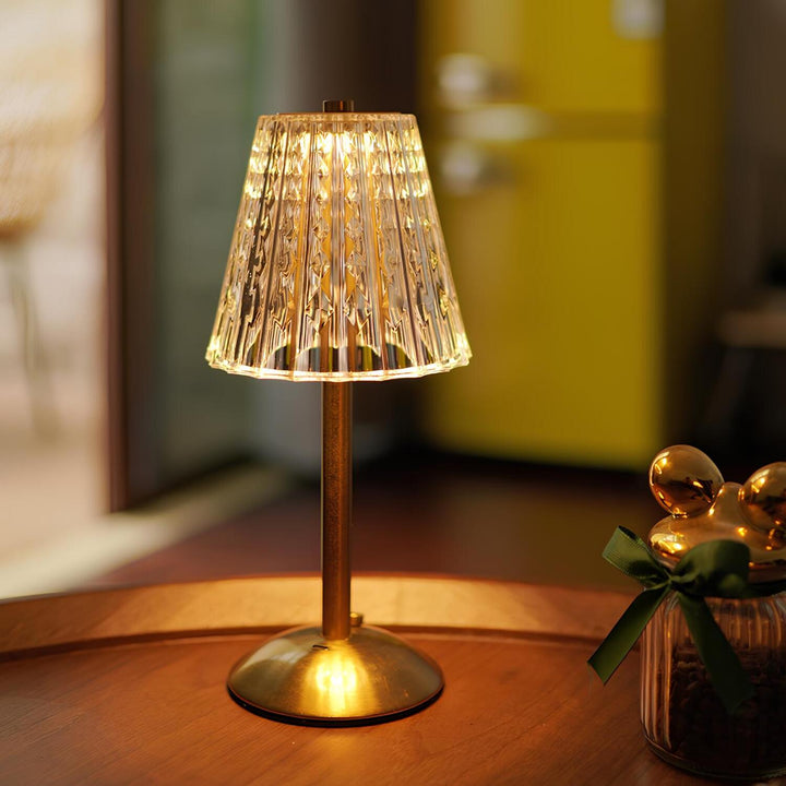 Elegant Golden Crystal Dimmable LED Table Lamp, rechargeable & perfect for accent lighting.