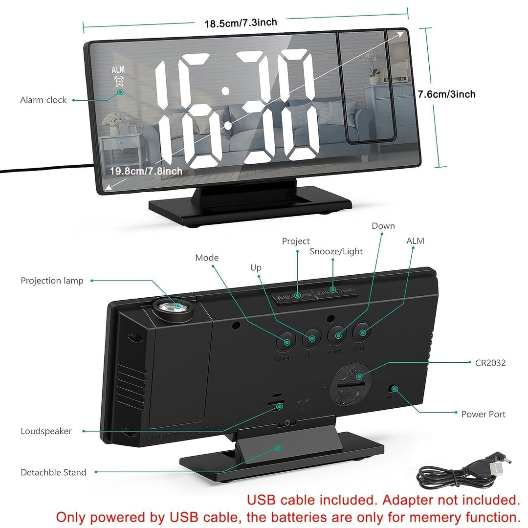 Modern projection alarm clock with a sleek design. Features 180° adjustable projection & snooze.