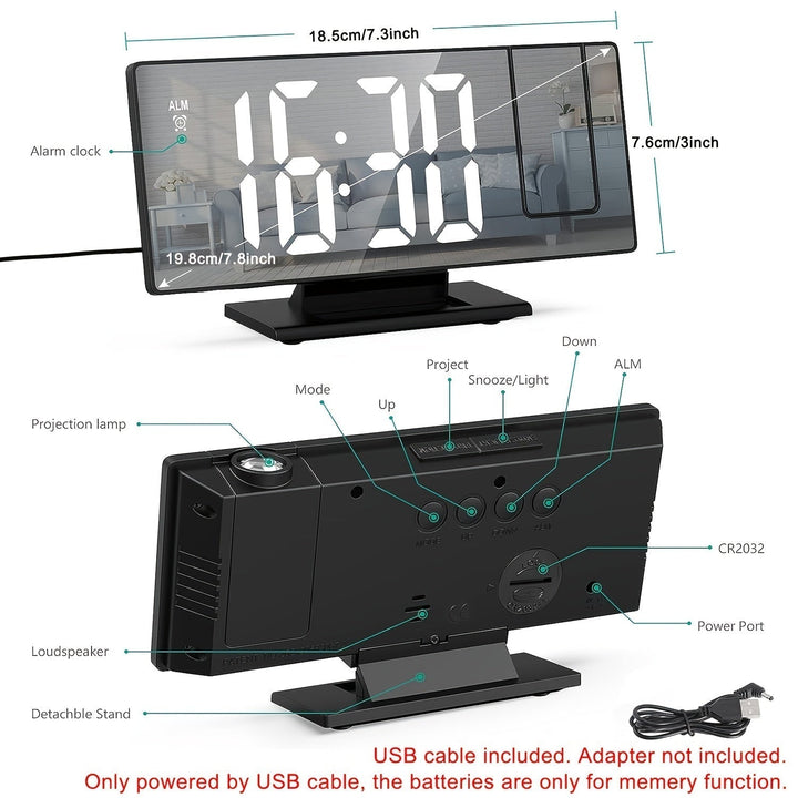 Modern projection alarm clock with a sleek design. Features 180° adjustable projection & snooze.