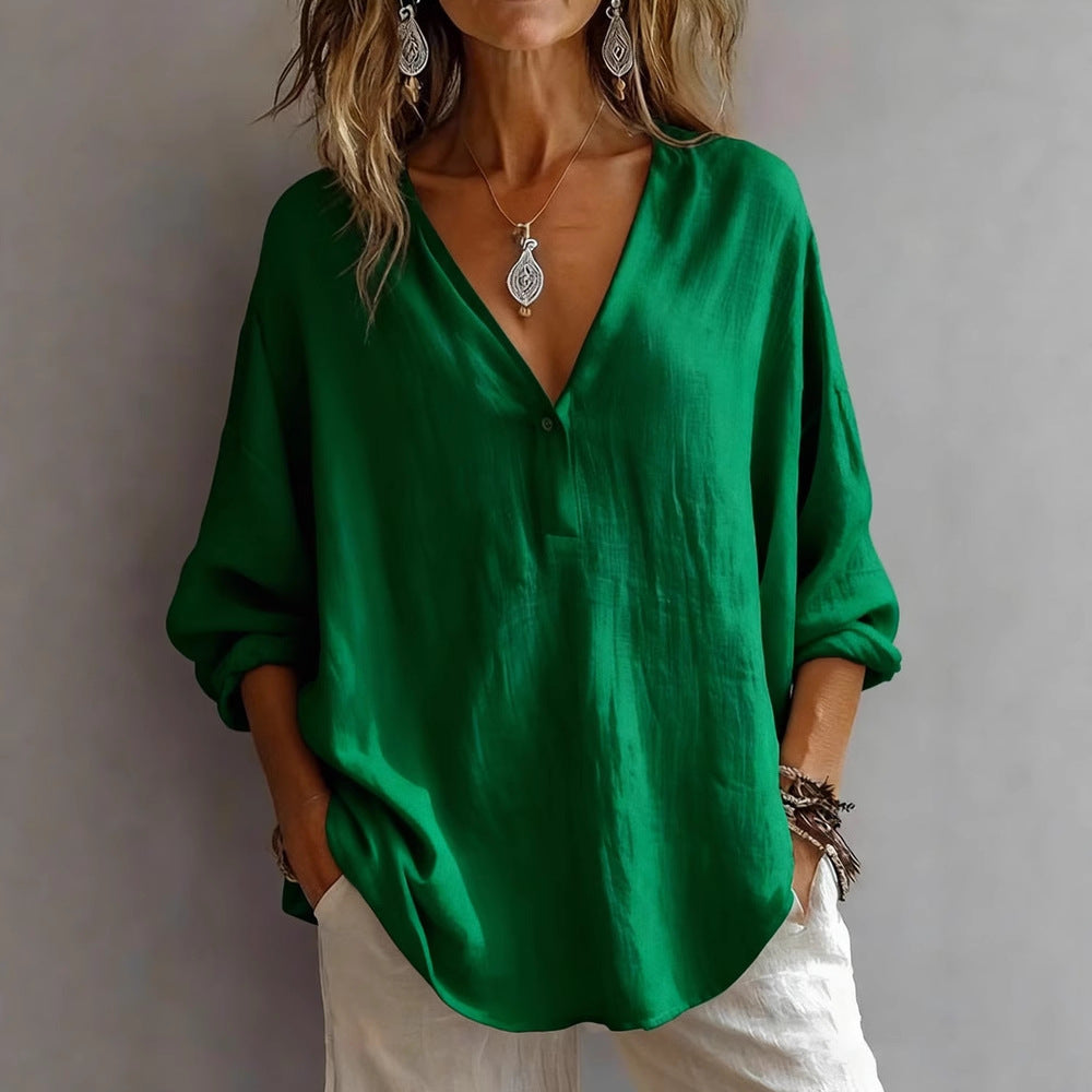 Stylish women's casual long-sleeve top, loose and comfortable solid color design for everyday fashion.