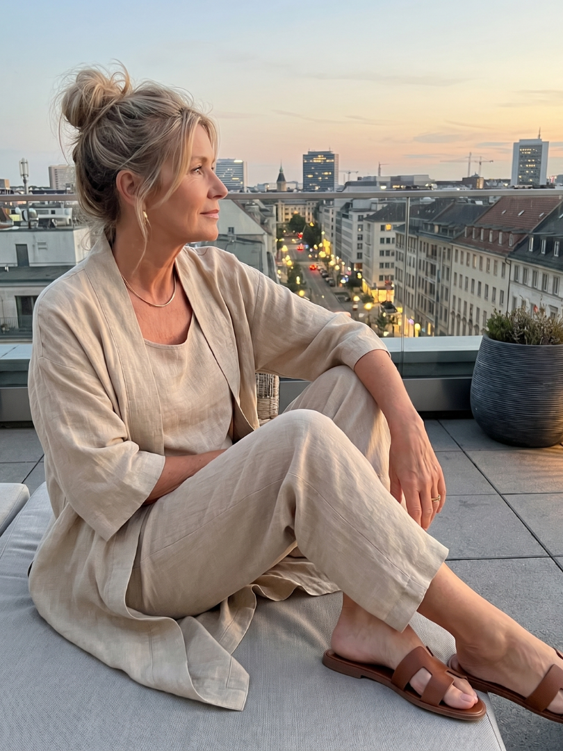 Women's three-piece summer outfit showing the comfortable fabric and flowy wide-leg design.