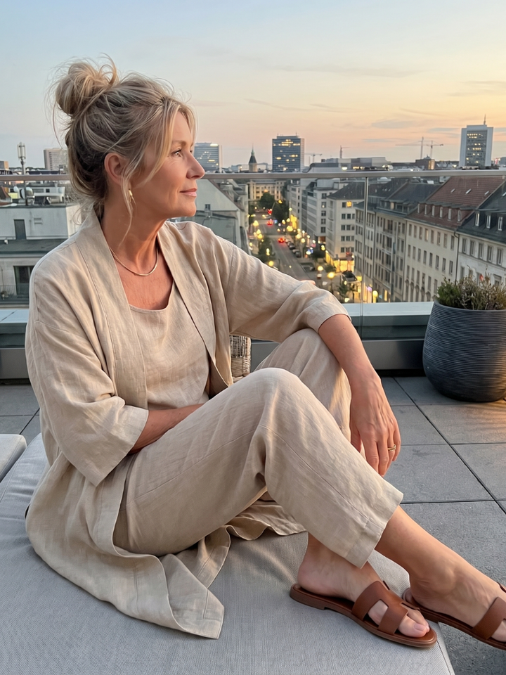 Women's three-piece summer outfit showing the comfortable fabric and flowy wide-leg design.