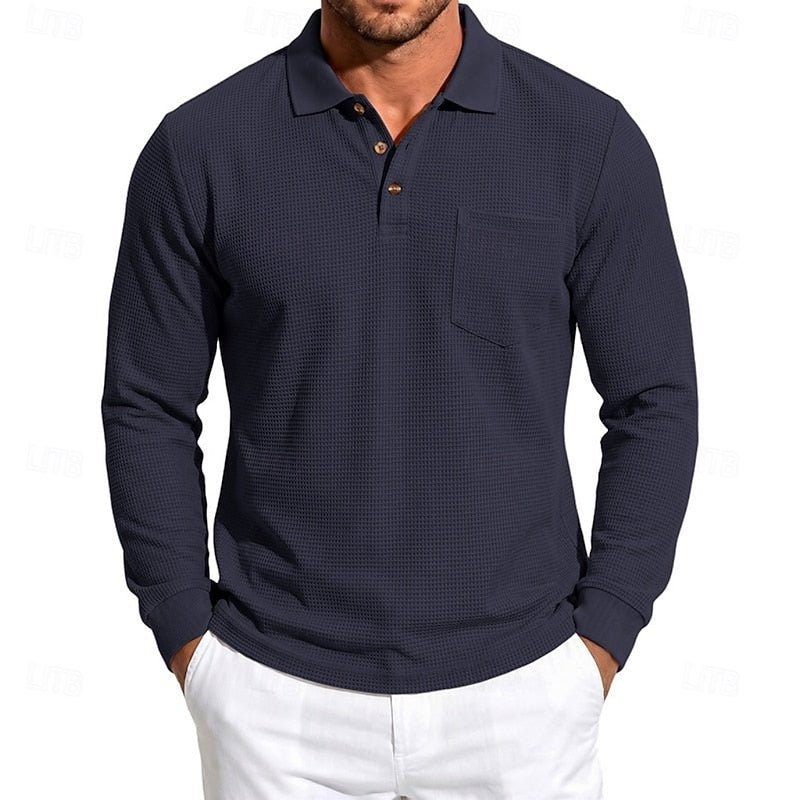 Classic fit men's textured long-sleeve polo shirt. A comfortable & versatile top for men's casual fashion.