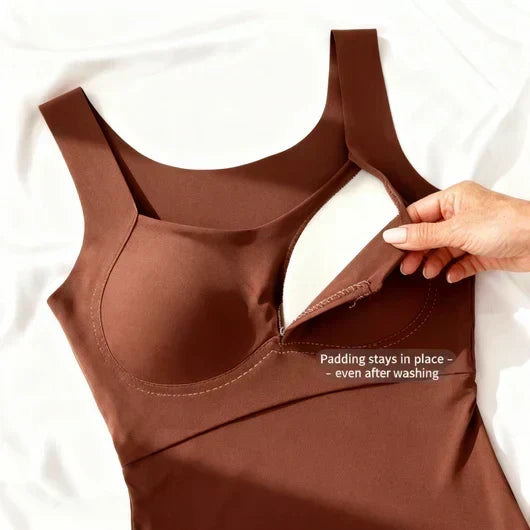 Soft blue women's support top, a comfortable built-in bra tank for active lifestyles.