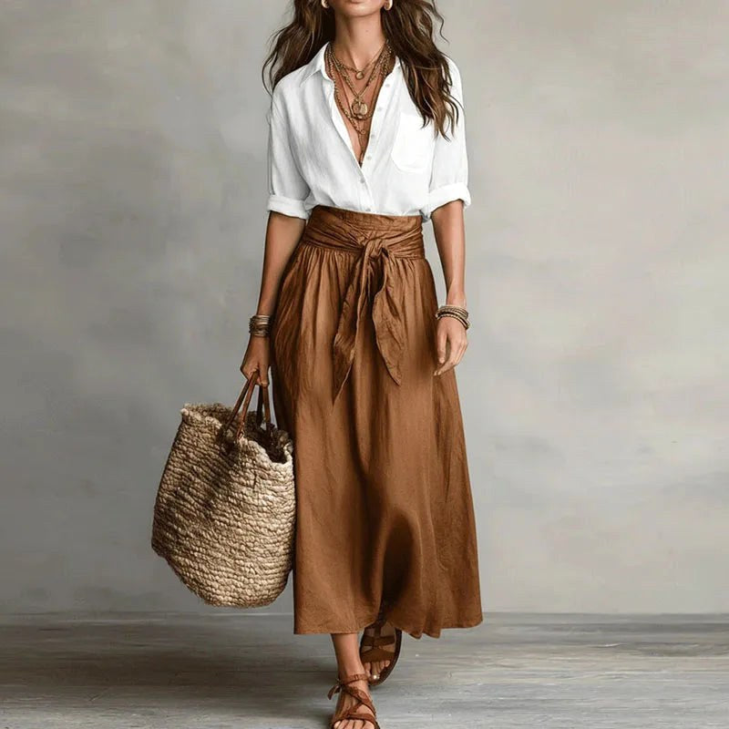 Women's linen two-piece set, perfect for a comfortable summer co-ord outfit or holiday wear.