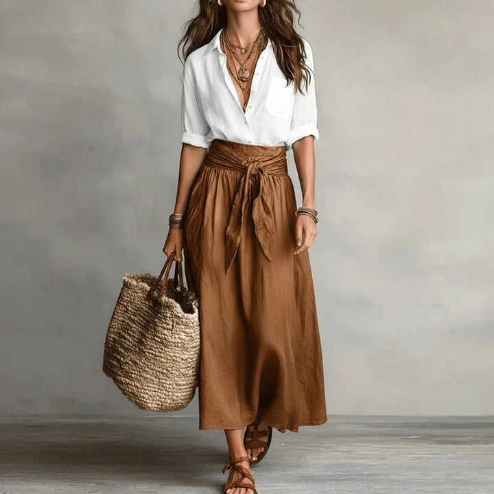 Women's linen two-piece set, perfect for a comfortable summer co-ord outfit or holiday wear.