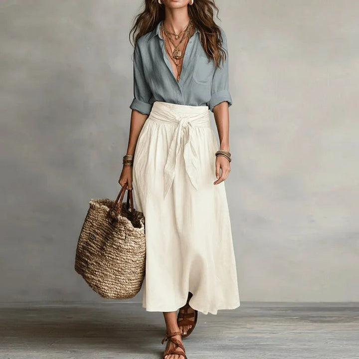 Breathable linen blend matching set for women, featuring a stylish top & bottoms for casual summer fashion.