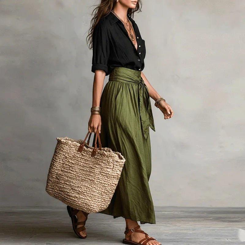 Stylish women's linen two-piece set, a perfect breathable summer outfit for effortless fashion.