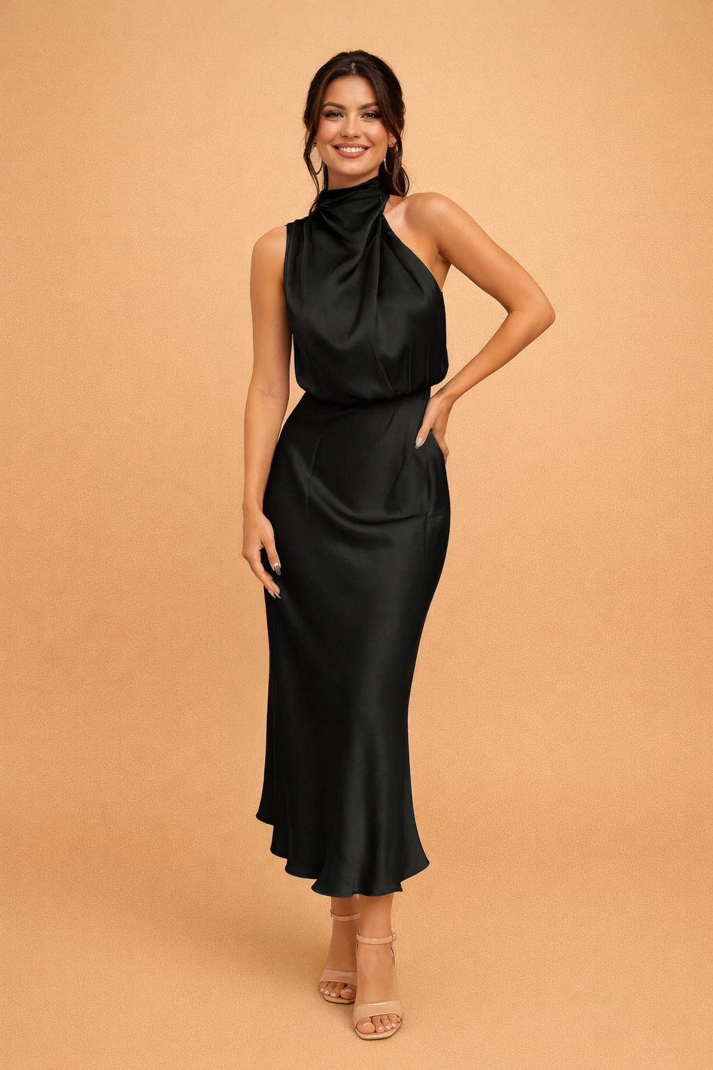 Elegant women's one-shoulder midi dress, perfect for races, cocktail parties & special occasions.
