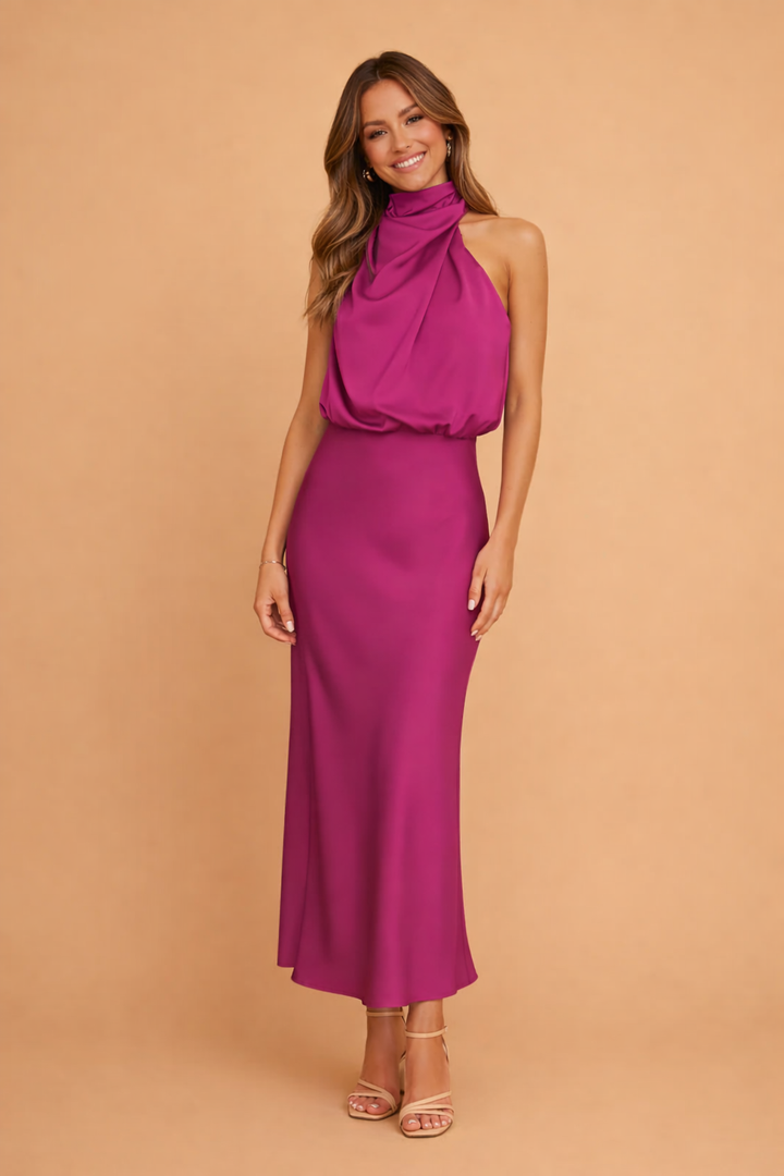 Formal women's one-shoulder midi dress, an elegant choice for races, evening wear & parties.