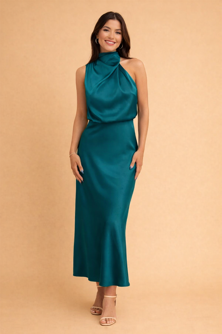 Fashionable women's one-shoulder midi dress, versatile for races, cocktail events & special occasions.