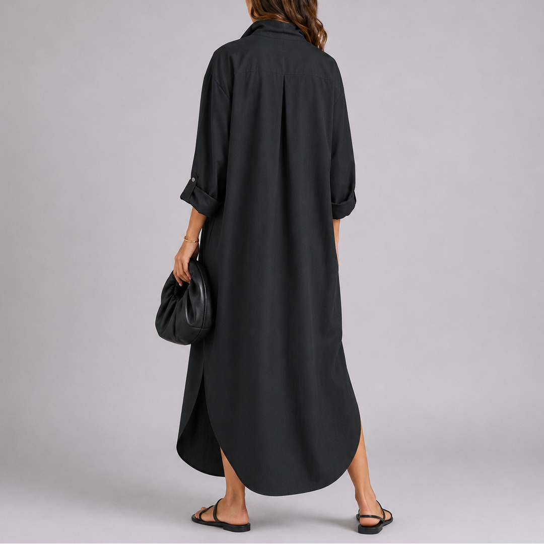 Elegant women's oversized maxi dress with shirt collar for chic casual wear, vacation, or spring/summer fashion.