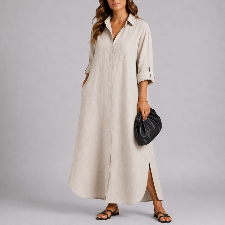 Relaxed fit oversized maxi dress for women, featuring a stylish shirt collar and button-front design. Flowy summer dress.
