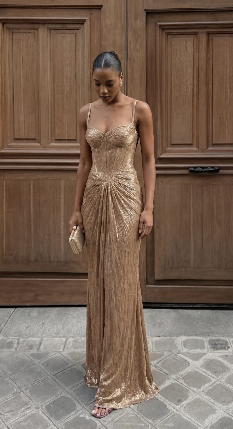 Elegant women's shimmer ruched bodice maxi dress with sweetheart neckline for races & formal events.