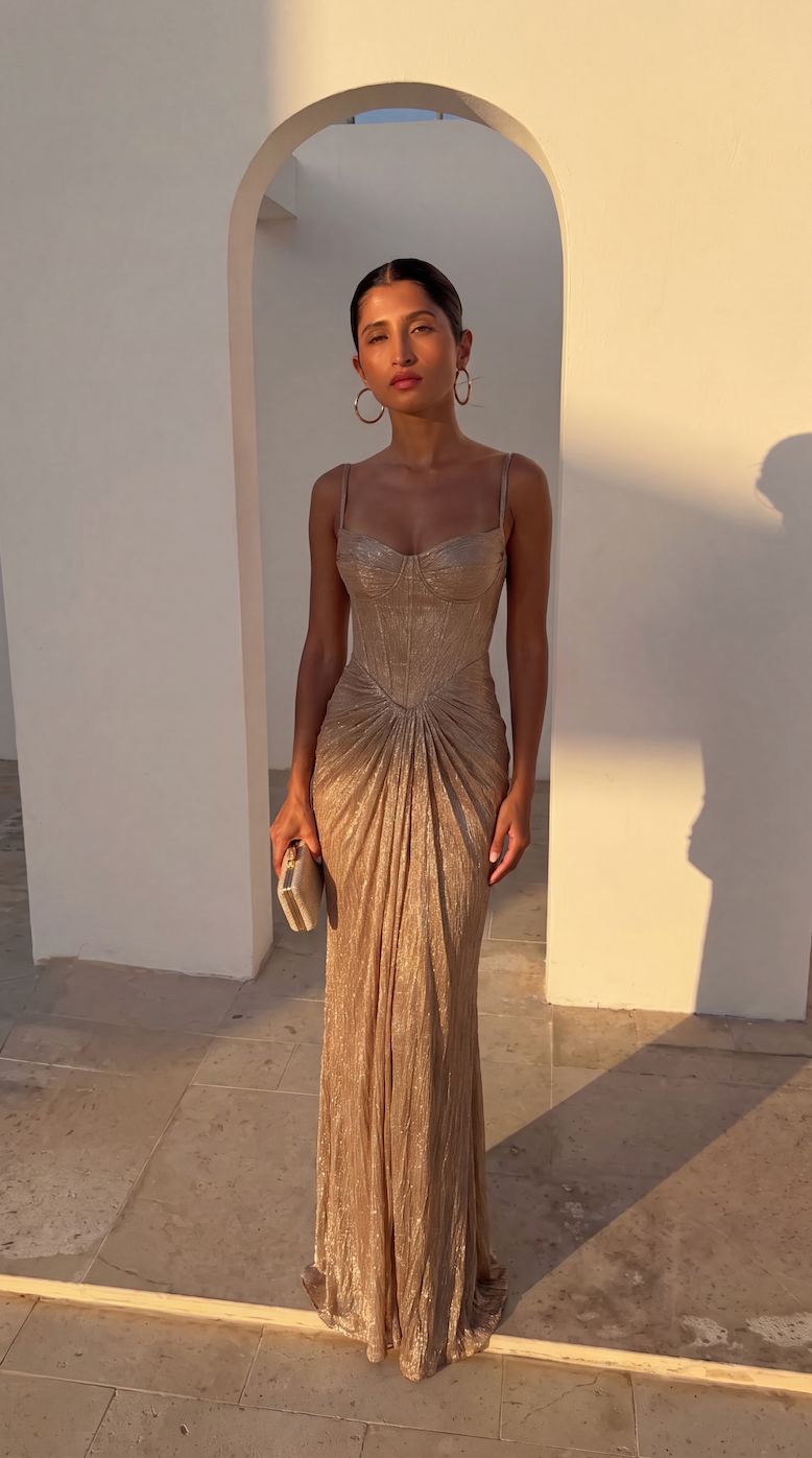 Women's shimmering open back maxi dress, perfect as a formal gown or special occasion evening dress.