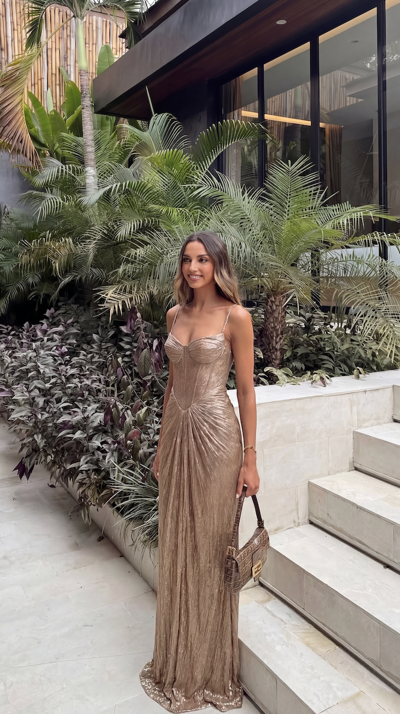 Stunning women's long shimmer dress, ideal as a races dress or formal event gown with elegant detailing.