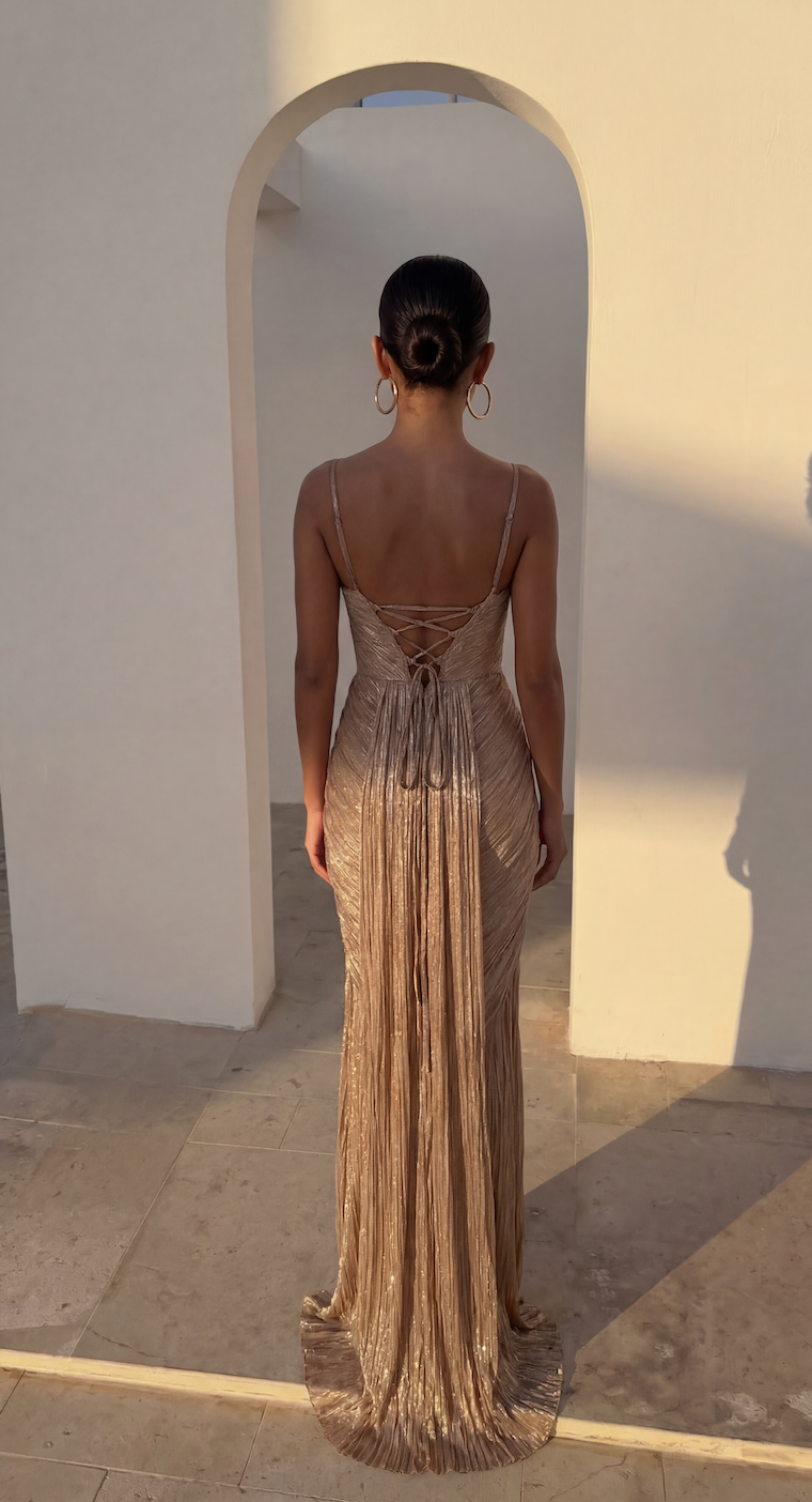 Fashionable shimmer formal gown, a ruched maxi dress for women, suitable for races, evenings & special occasions.