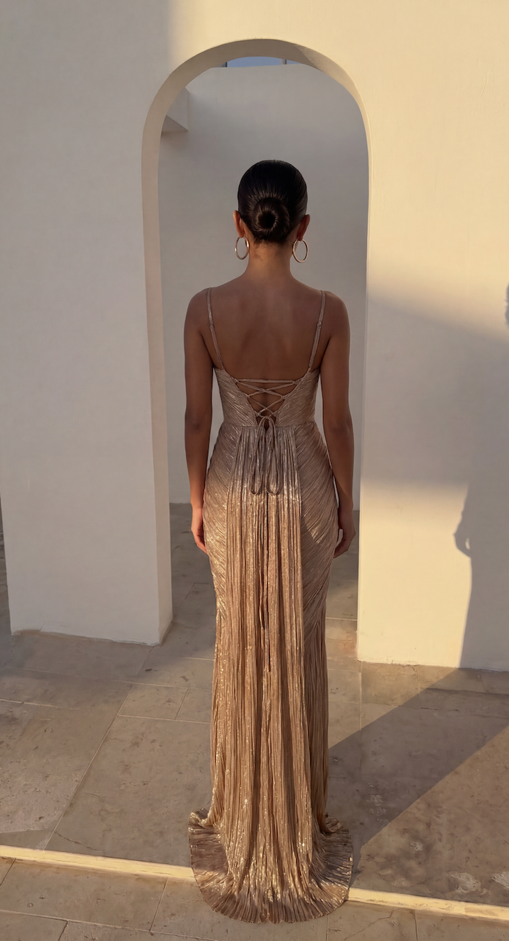 Fashionable shimmer formal gown, a ruched maxi dress for women, suitable for races, evenings & special occasions.