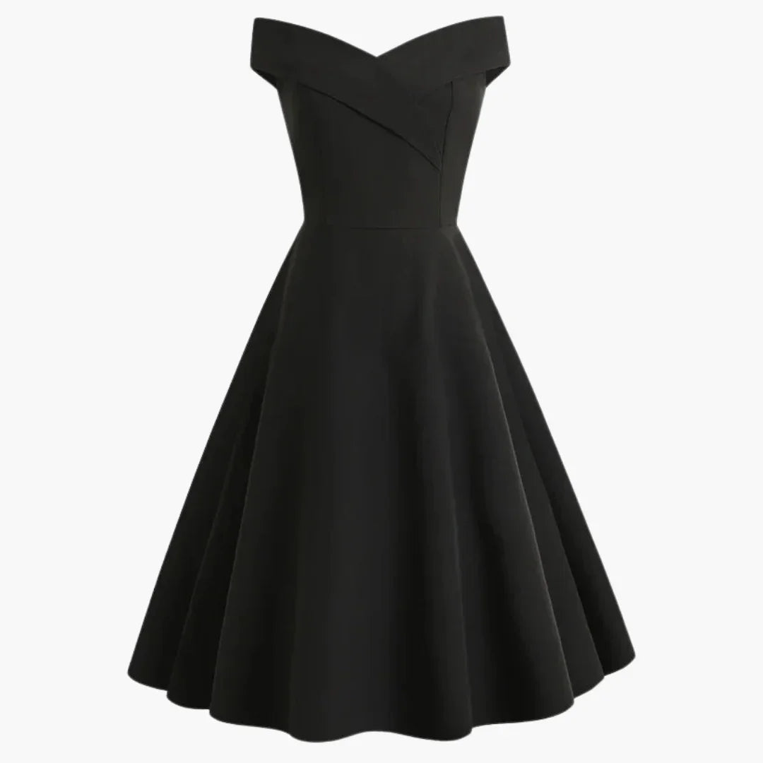 Elegant women's off-shoulder cocktail midi dress with flared skirt, perfect for special occasions & evening parties.