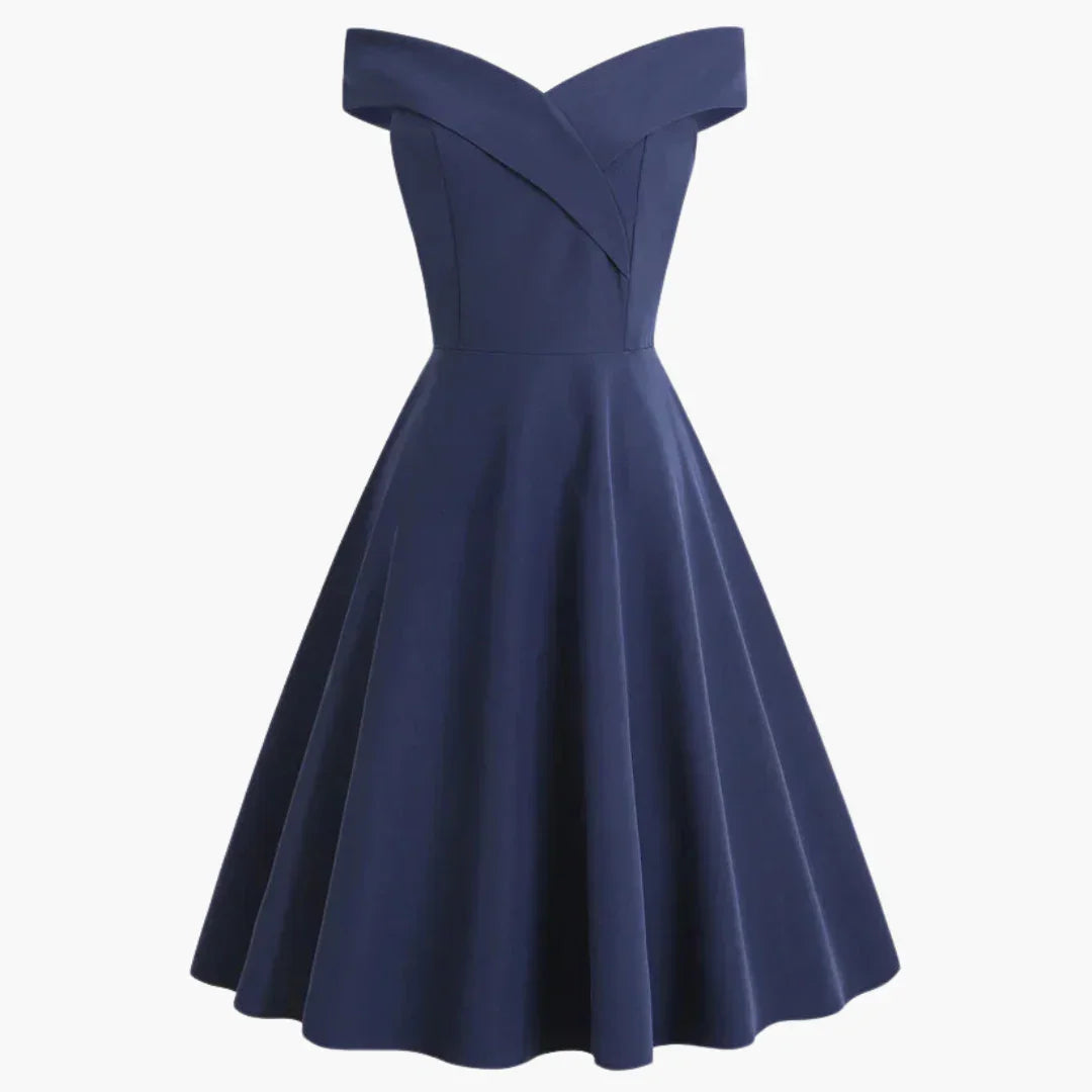 Chic women's off-shoulder party dress. A flattering midi-length cocktail dress with an elegant flared skirt.