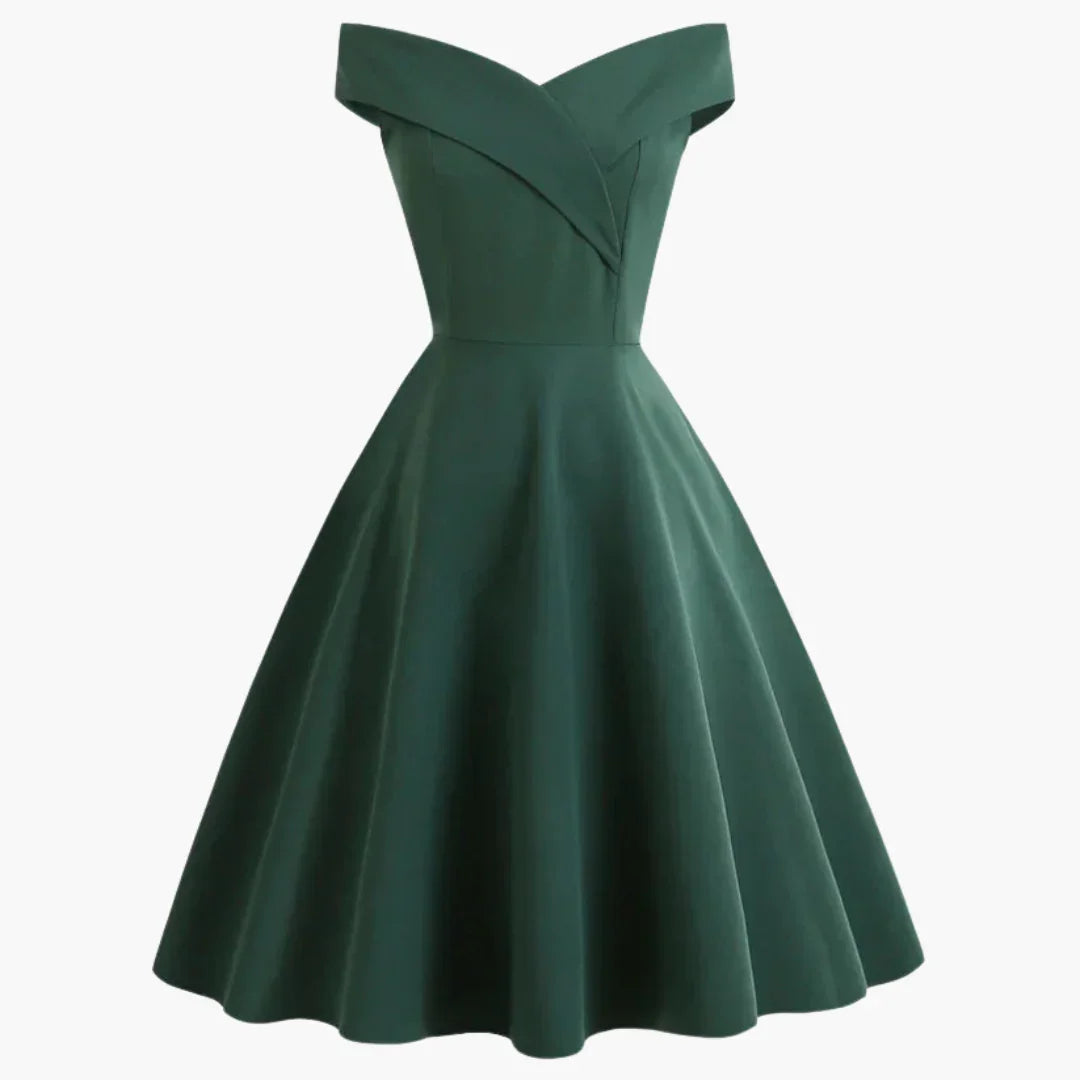 Fashionable women's off-shoulder evening dress. An elegant midi cocktail dress for formal events & special occasions.