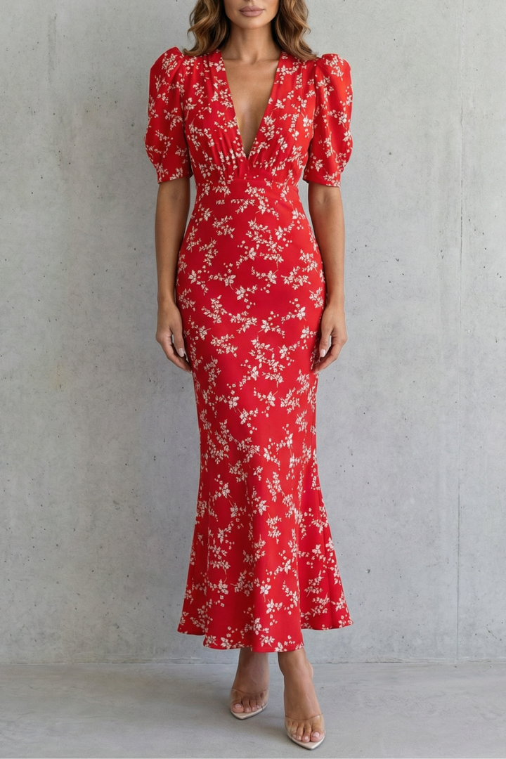 Women's elegant floral puff sleeve maxi dress with V-neck & mermaid hem, perfect for races & parties.