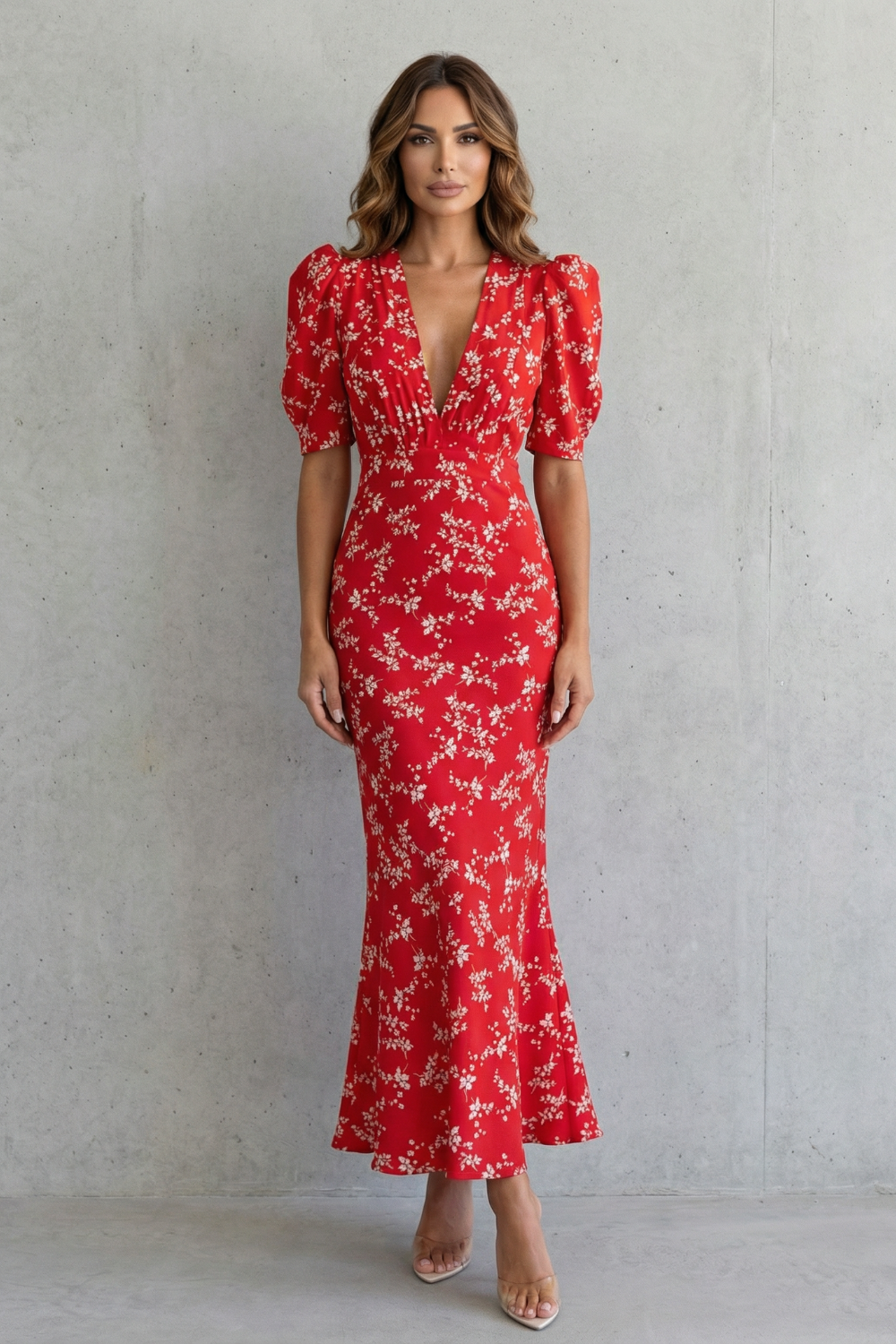 Stylish women's floral print maxi dress featuring puff sleeves, ideal as an occasion or party dress.