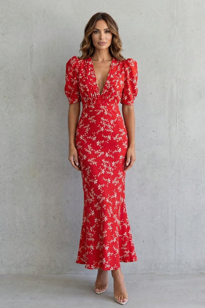 Stylish women's floral print maxi dress featuring puff sleeves, ideal as an occasion or party dress.