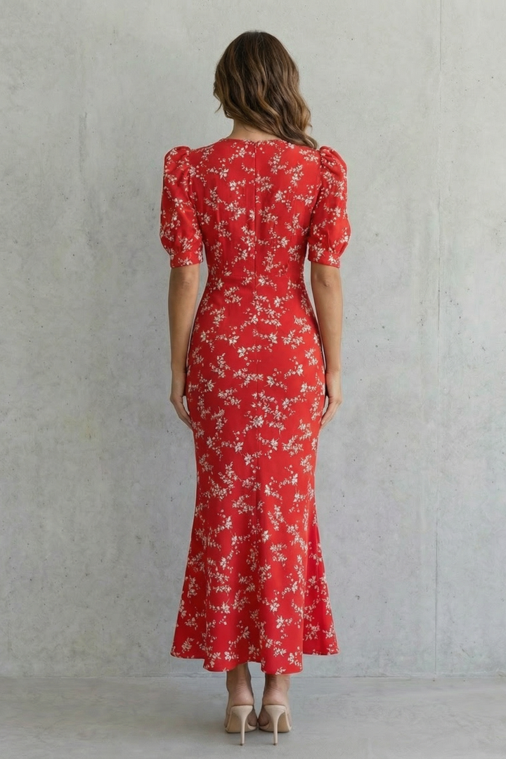 Chic women's floral puff sleeve evening maxi dress, an elegant choice for races, parties, or events.