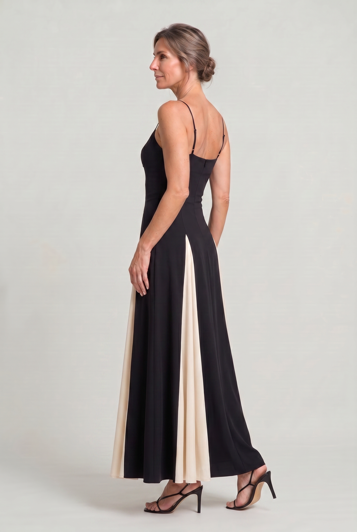 Stylish women's elegant maxi party dress, spaghetti strap, V-neck, contrast panel. Great for formal evening wear.