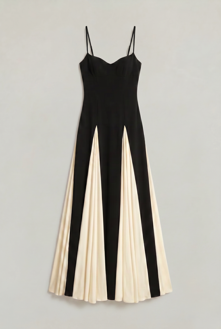 Beautiful women's formal evening gown: spaghetti strap V-neck maxi with a chic contrast panel & flared skirt.