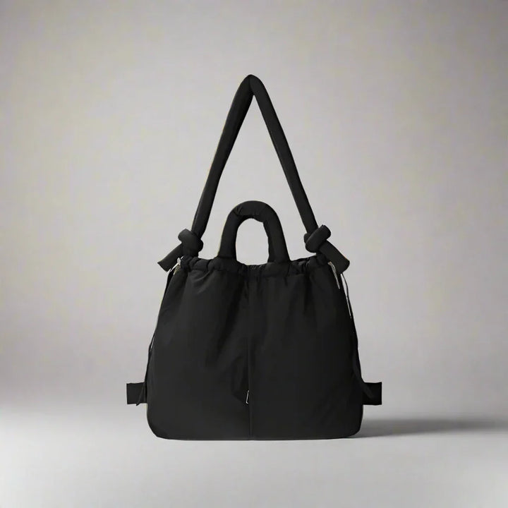 Alternative angle of the beige quilted puffer tote bag