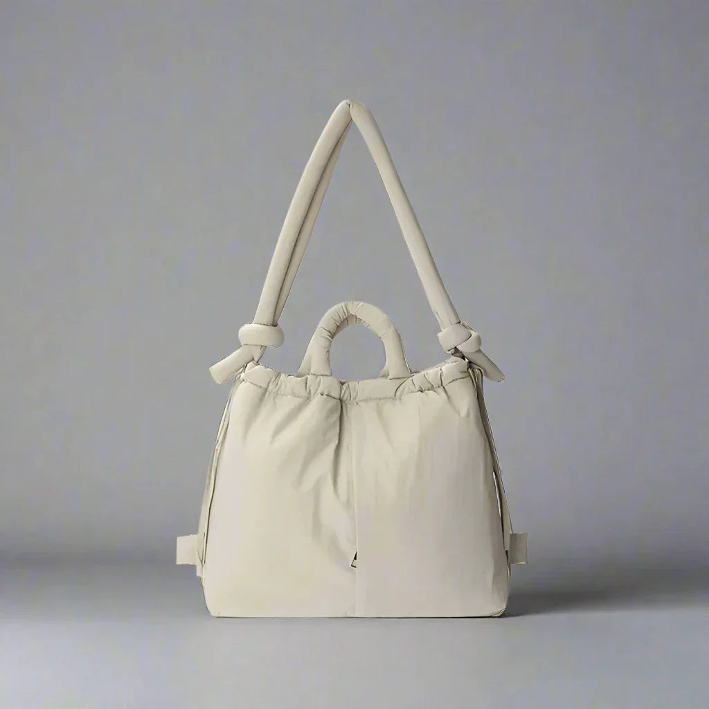 Bag details: beige quilted puffer tote with beige handles