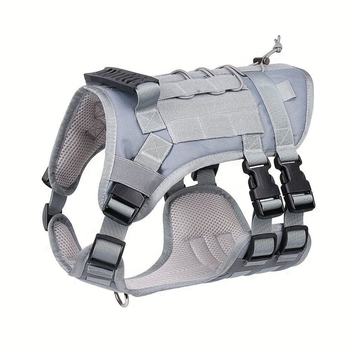 Heavy-duty tactical dog harness with metal buckles, designed for strength, control, and long-lasting outdoor use.