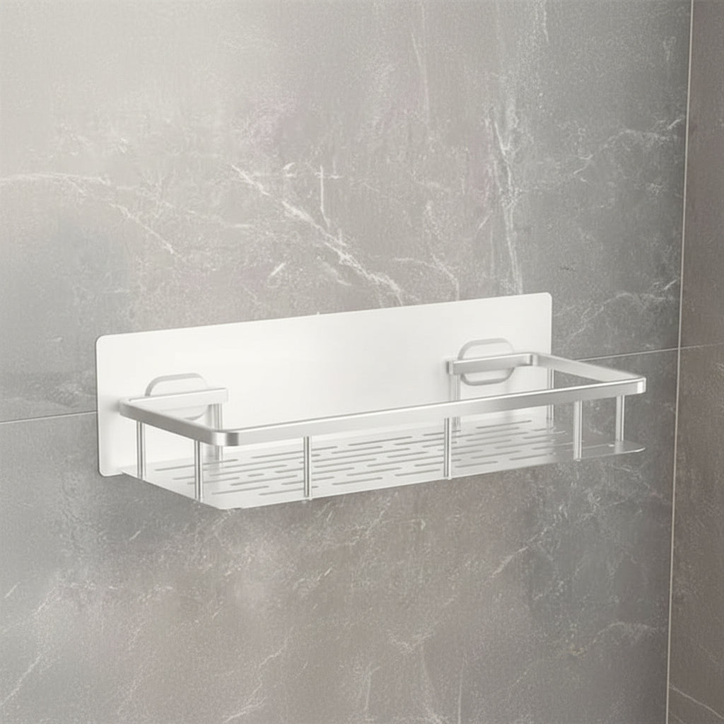 Stylish adhesive shower caddy for drill-free wall mounting. Ideal bathroom organizer for modern homes.