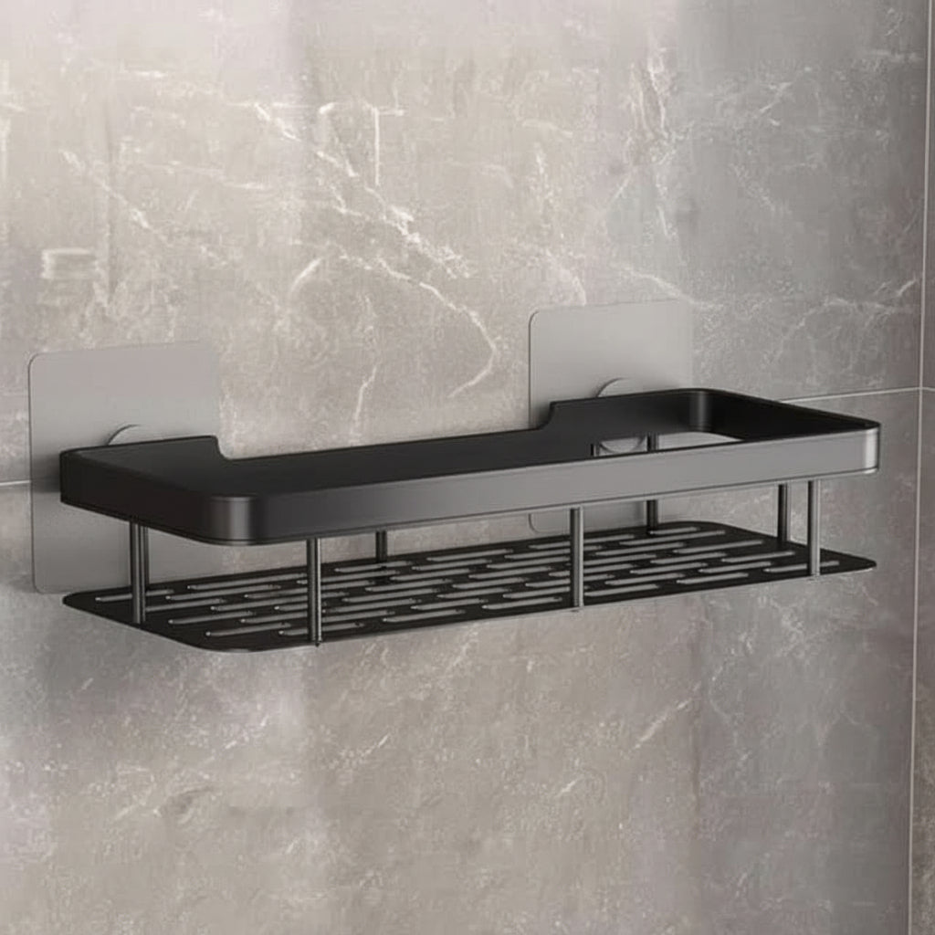 Sleek stainless steel corner bathroom shelf, adhesive & drill-free for easy shower storage & home decor.