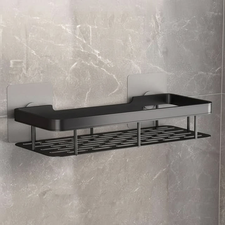 Sleek stainless steel corner bathroom shelf, adhesive & drill-free for easy shower storage & home decor.