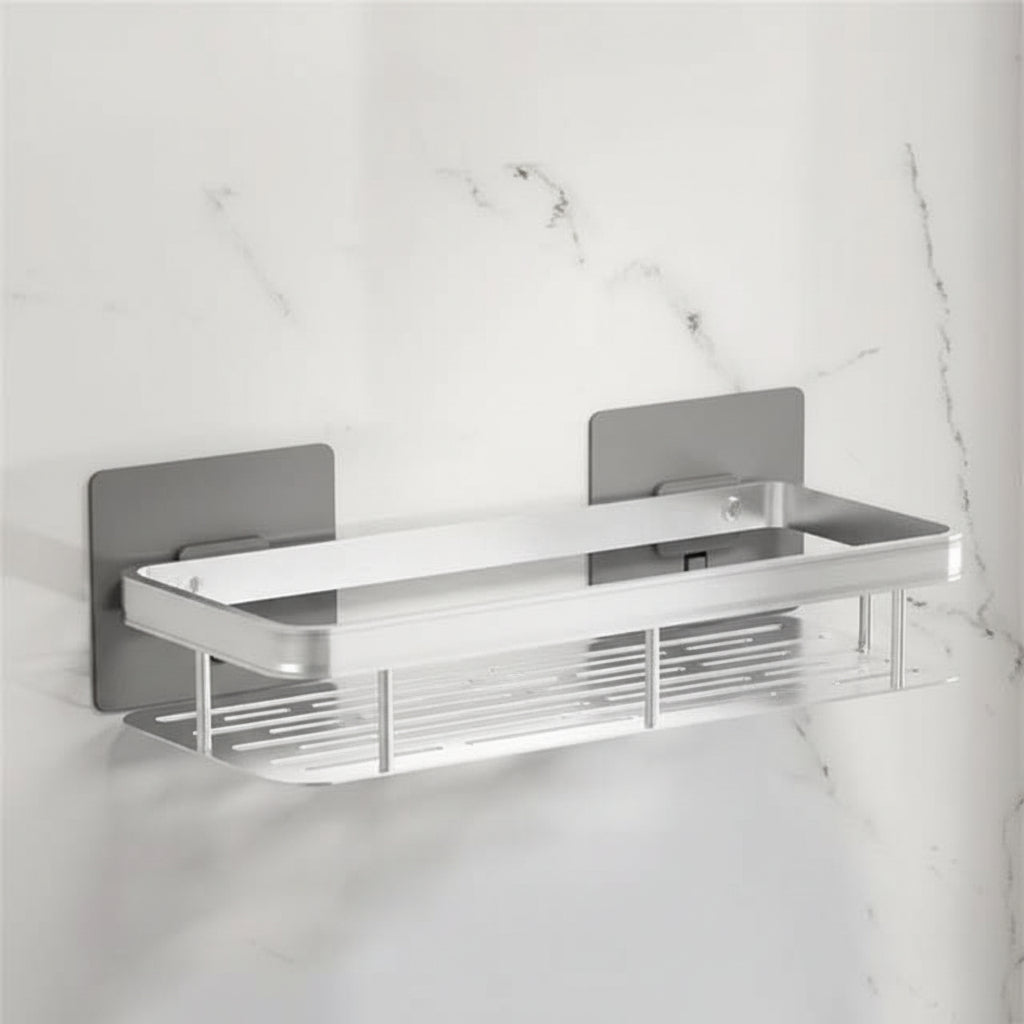 Adhesive wall shelf bathroom organizer, drill-free solution for stylish storage in modern showers.