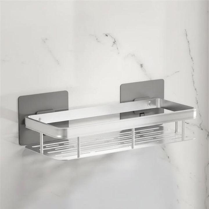 Adhesive wall shelf bathroom organizer, drill-free solution for stylish storage in modern showers.