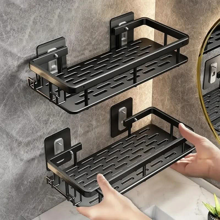 Drill-free adhesive bathroom storage shelf, sleek modern design for easy installation & decluttering.
