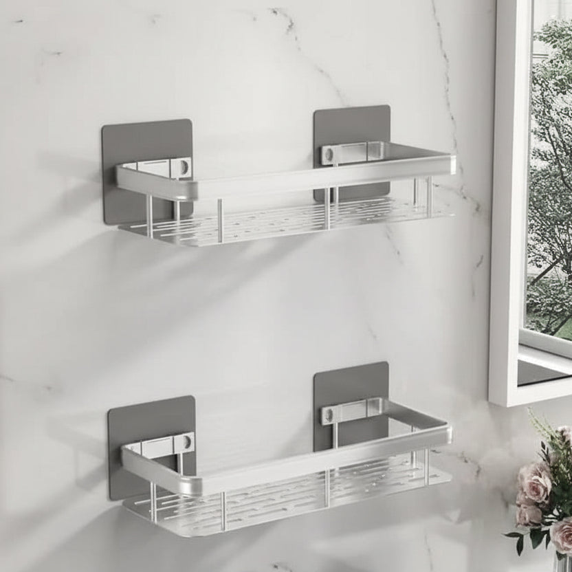 Durable stainless steel adhesive bathroom shelf for drill-free storage. Perfect as a shower caddy or wall organizer.