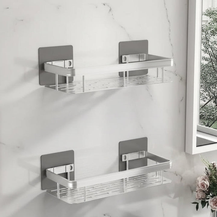 Durable stainless steel adhesive bathroom shelf for drill-free storage. Perfect as a shower caddy or wall organizer.