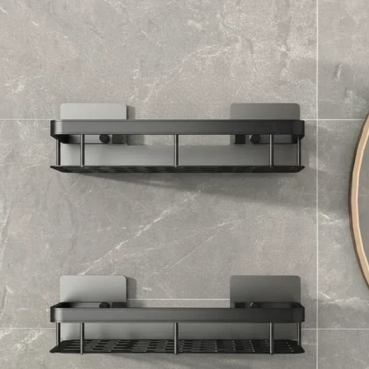 Practical drill-free adhesive bathroom shelf, a stylish organizer for shower essentials & modern home decor.