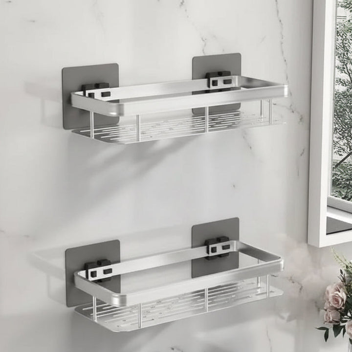 Space-saving adhesive bathroom wall shelf, drill-free design provides secure storage for modern bathrooms.