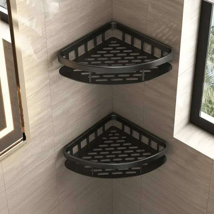 No-drill adhesive bathroom shelf, perfect for organizing shampoos and soaps. A modern & stylish shower caddy.