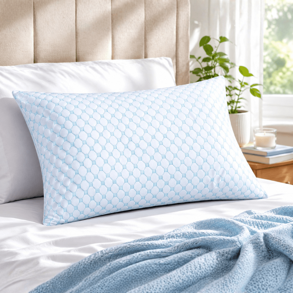 Comfortable sleep aid pillow with cooling technology & adjustable loft for better rest.