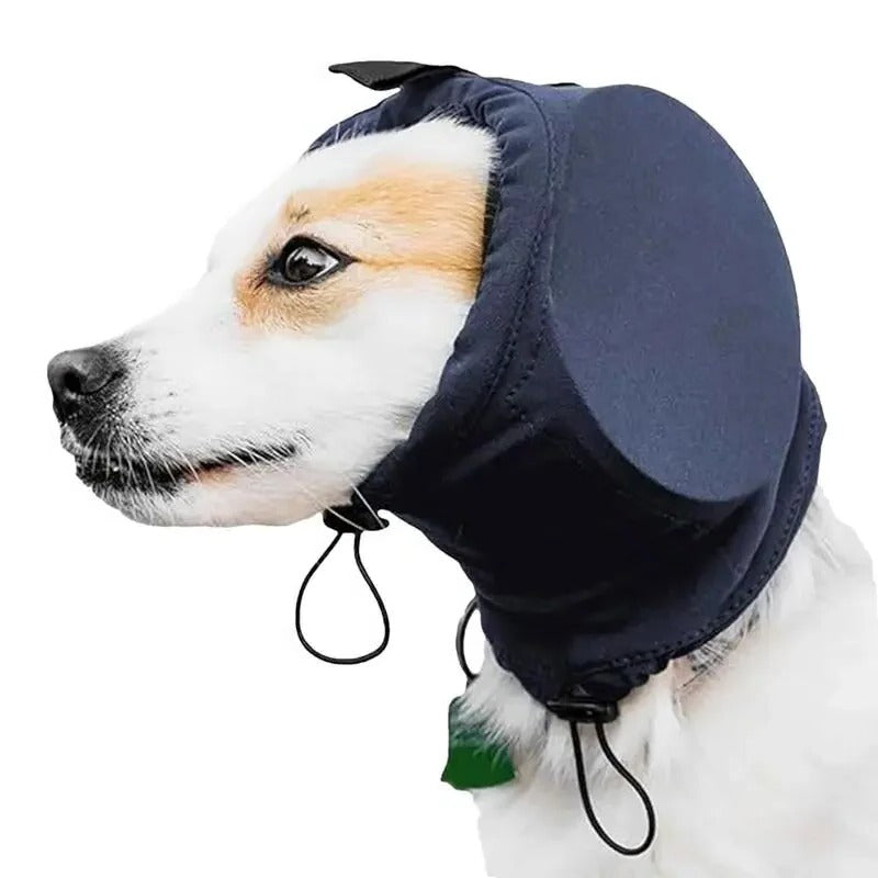 Close-up of dog noise reduction earmuffs, showing adjustable fit for comfort and pet ear protection.
