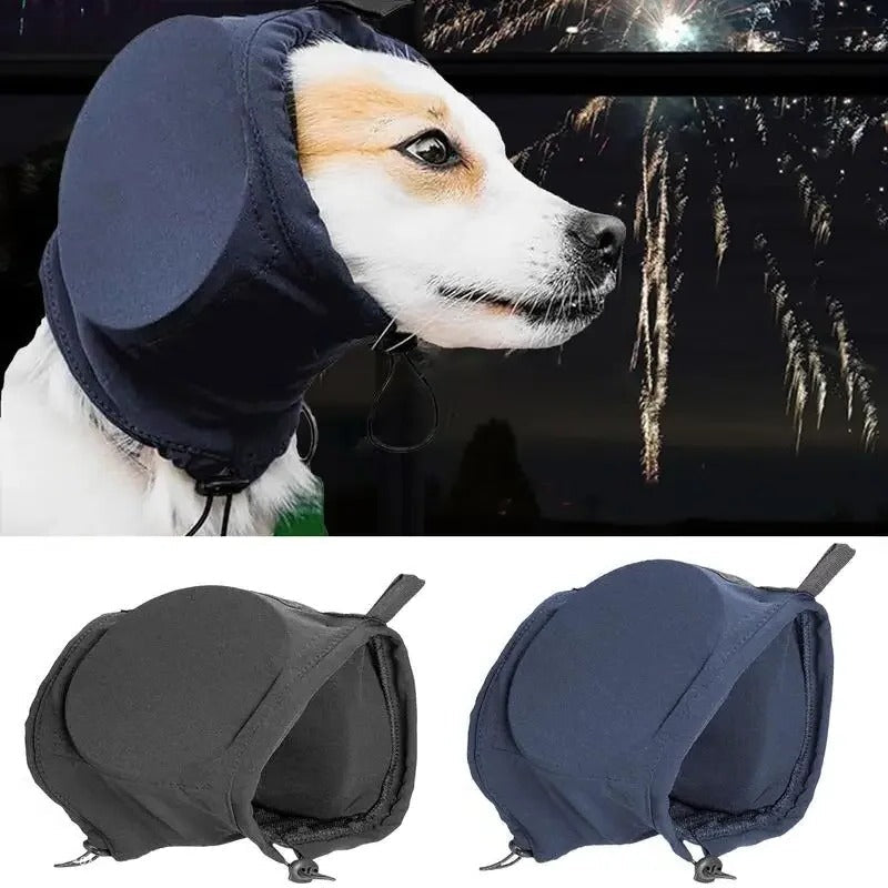 Dog wearing noise reduction earmuffs, ideal for fireworks, storms, and travel anxiety relief.