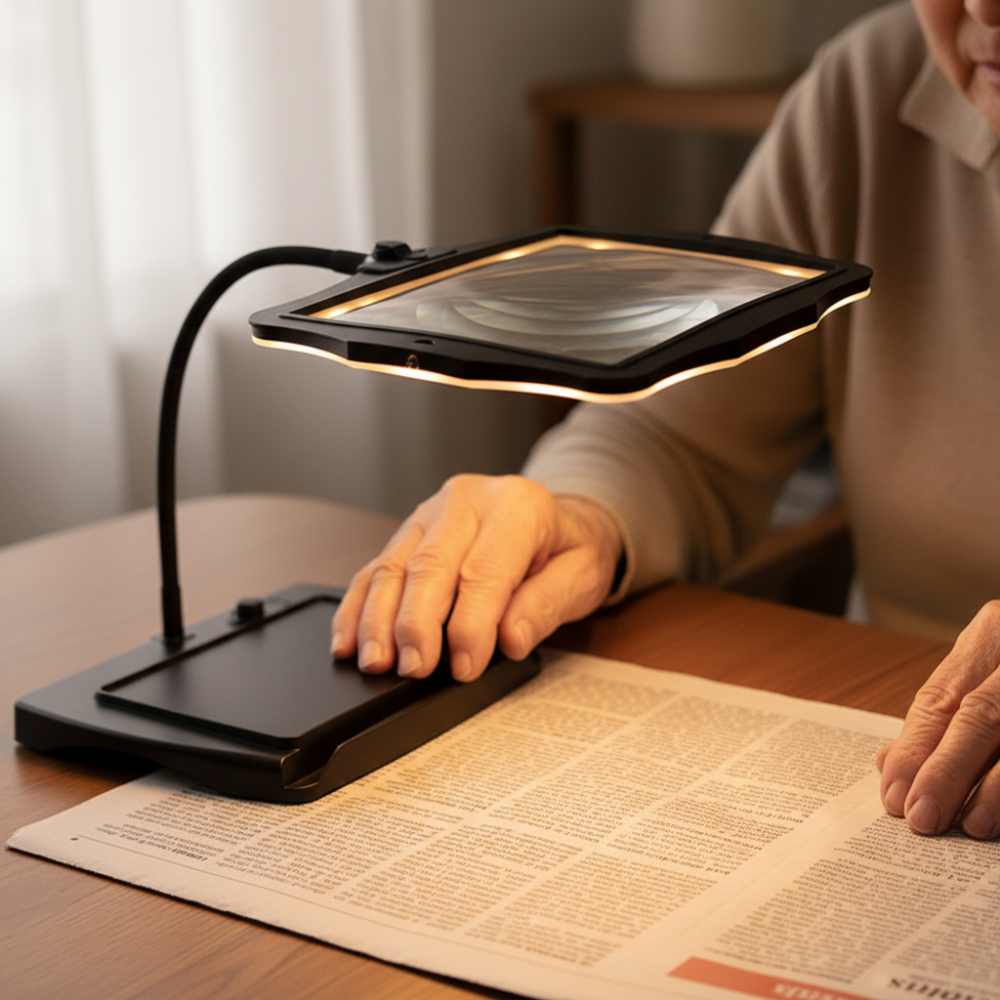 Close-up of black adjustable magnifying lamp with bright LED light.
